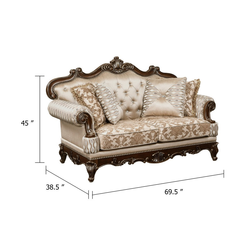 Hesar Loveseat | 4 Pillows | Vintage Style Chenille Tufted | Cherry Brown Wood