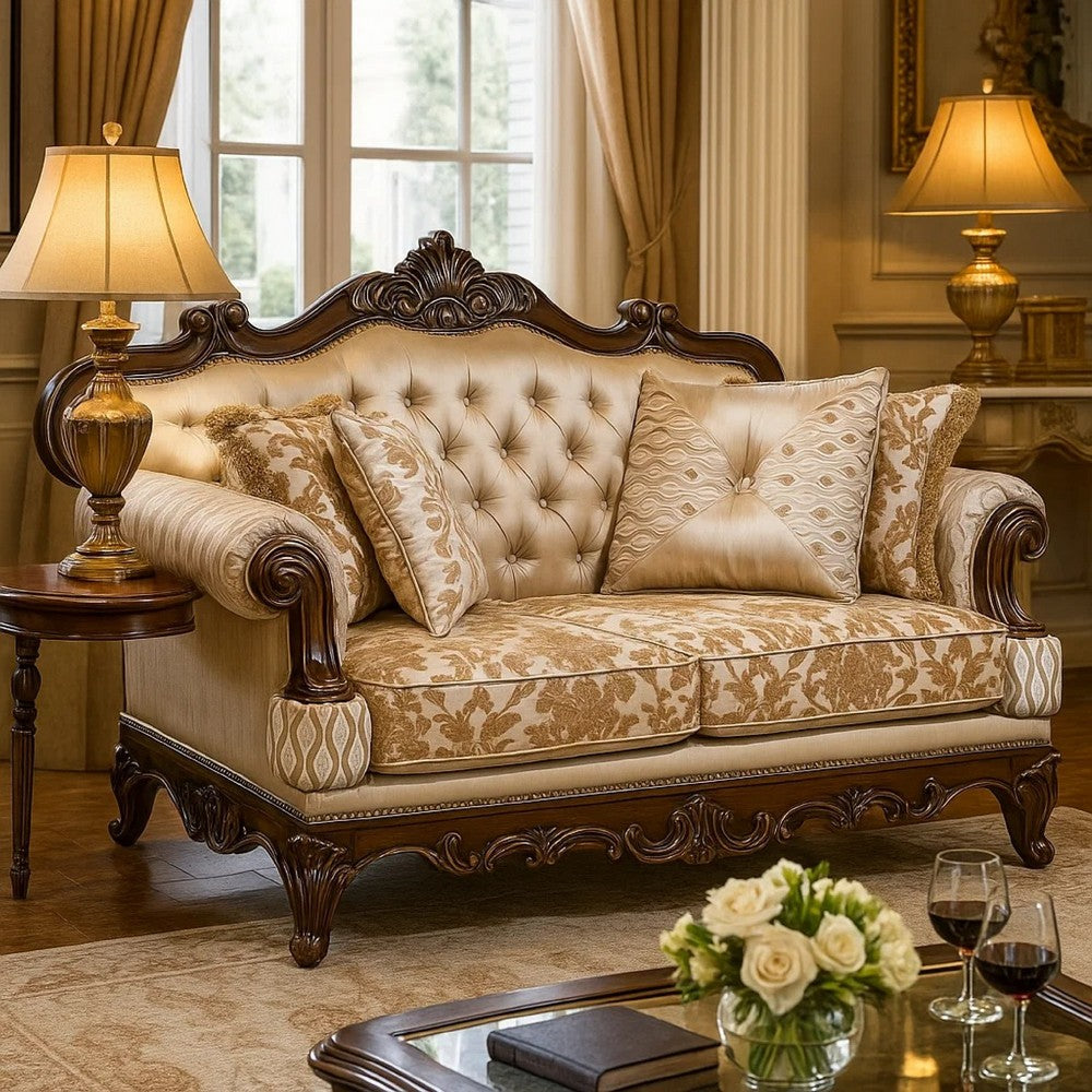 Hesar Loveseat | 4 Pillows | Vintage Style Chenille Tufted | Cherry Brown Wood