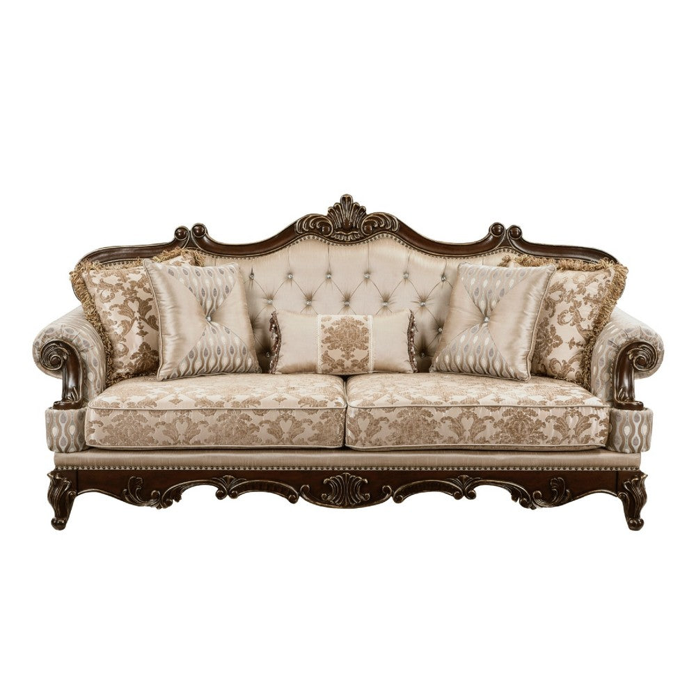 Hesar Sofa | 5 Pillows | Vintage Style Chenille Tufted | Cherry Brown Wood Frame