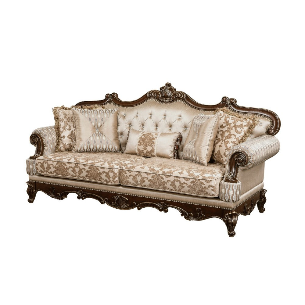 Hesar Sofa | 5 Pillows | Vintage Style Chenille Tufted | Cherry Brown Wood Frame