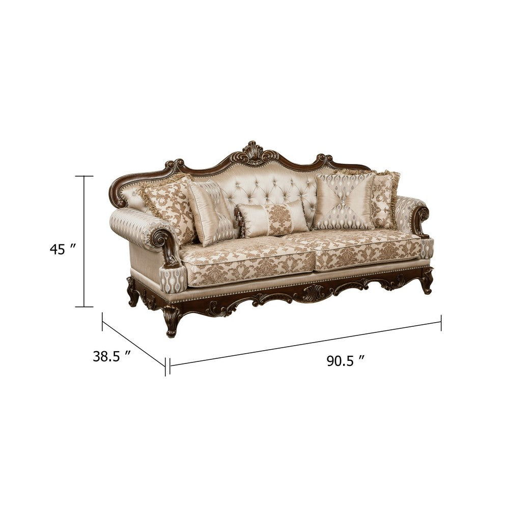 Hesar Sofa | 5 Pillows | Vintage Style Chenille Tufted | Cherry Brown Wood Frame