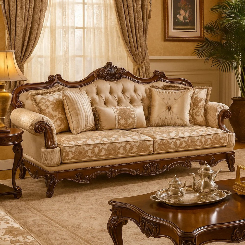 Hesar Sofa | 5 Pillows | Vintage Style Chenille Tufted | Cherry Brown Wood Frame