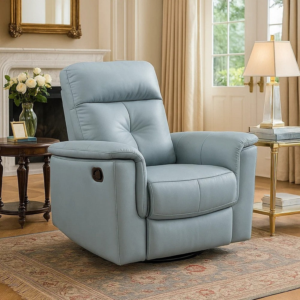 Rem Swivel Glider Manual Reclining Chair | Light Blue Top Grain Leather