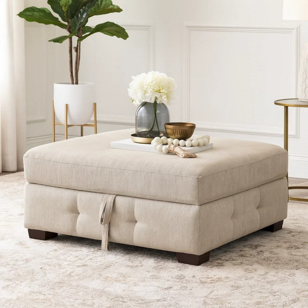 Rez Storage Ottoman | 40" Square Lift Top Seat | Taupe Gray Chenille