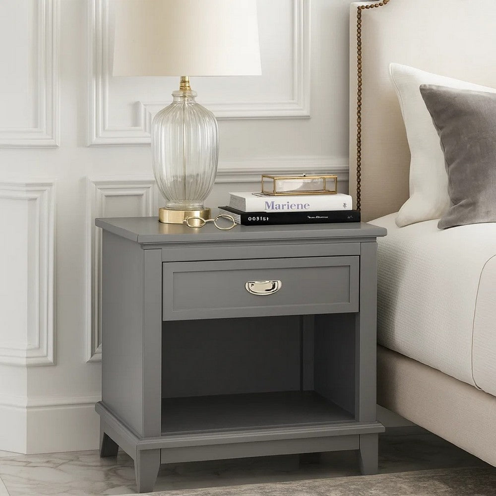 Sely Nightstand | Open Cubby & Drawer | Nickel Handle | Gray | 26"