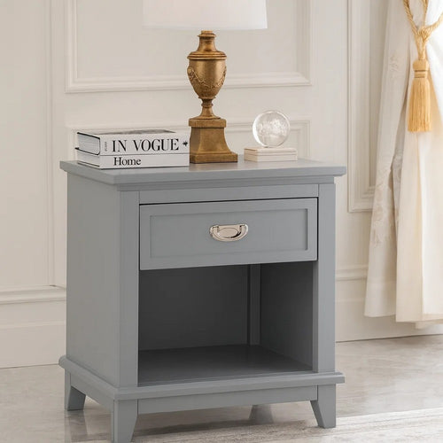 Sely Nightstand | Open Cubby & Drawer | Nickel Handle | Gray | 26"