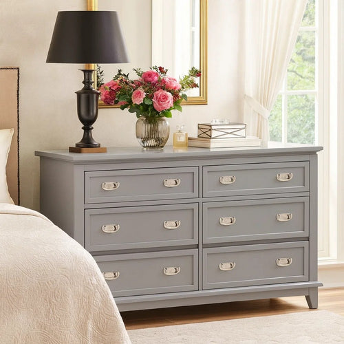 Sely 55" Bedroom Dresser | 6 Drawers | Nickel Handles | Gray Finish