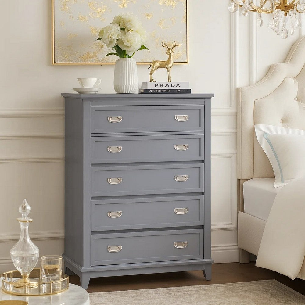 Sely Bedroom Tall Dresser Chest | 5 Drawer | Nickel Handles | Gray Finish