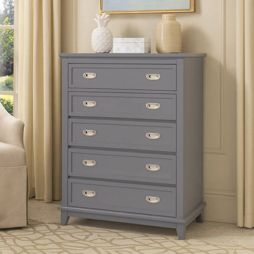Sely Bedroom Tall Dresser Chest | 5 Drawer | Nickel Handles | Gray Finish