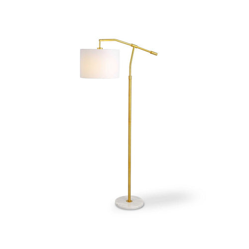 Floor Lamp | Round Linen Shade | 61" Gold Metal & White Marble Base