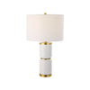 Table Lamp | Linen Drum Shade | Gold Accent White Ceramic Base | 26"
