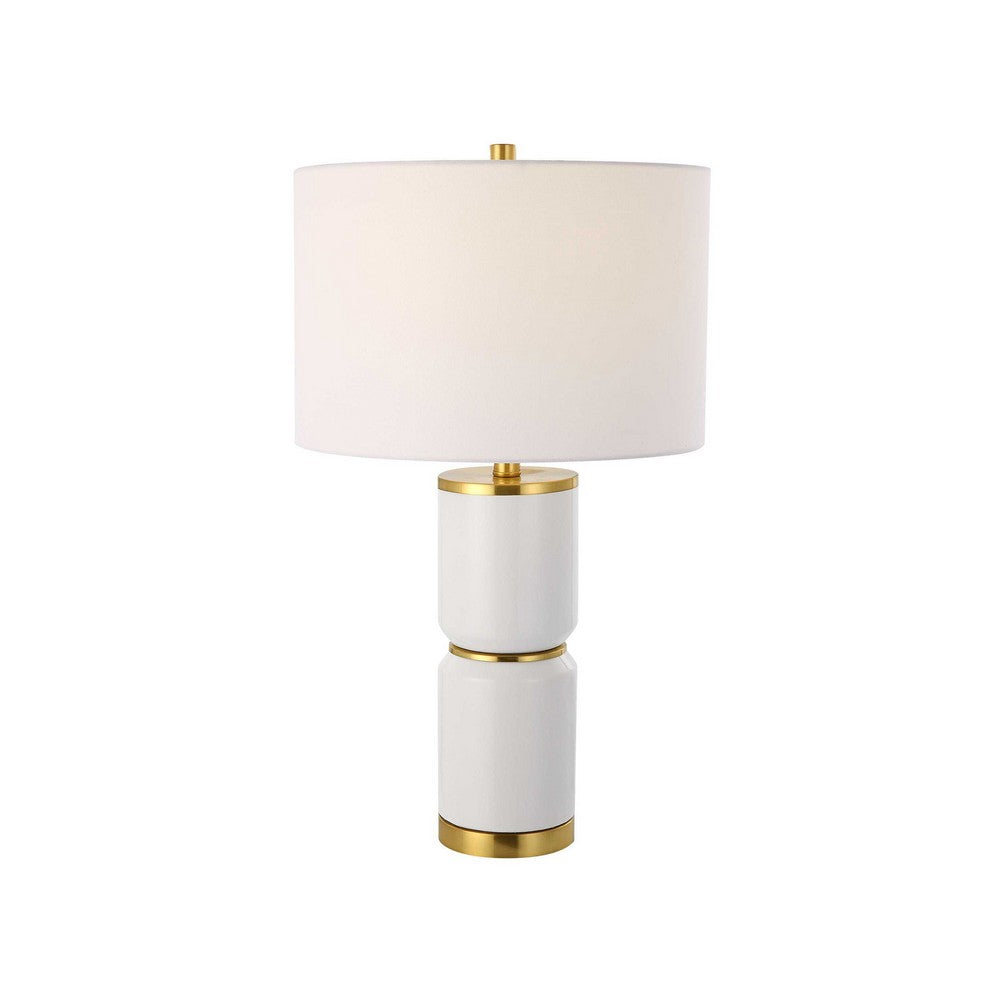 Table Lamp | Linen Drum Shade | Gold Accent White Ceramic Base | 26"