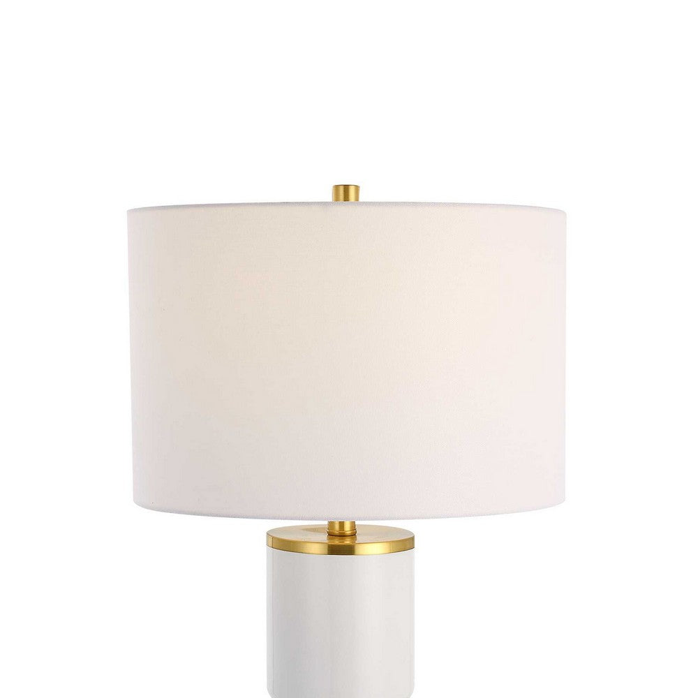 Table Lamp | Linen Drum Shade | Gold Accent White Ceramic Base | 26"