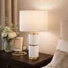 Table Lamp | Linen Drum Shade | Gold Accent White Ceramic Base | 26"