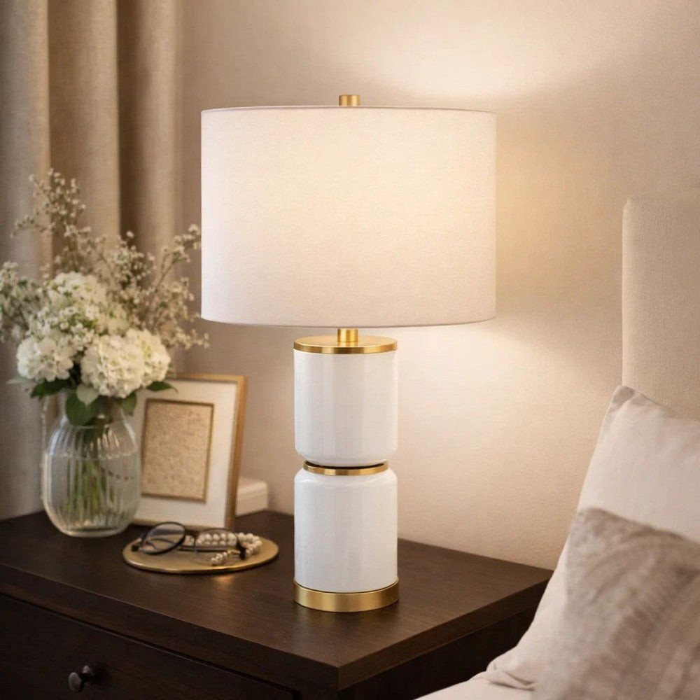 Table Lamp | Linen Drum Shade | Gold Accent White Ceramic Base | 26"