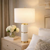 Table Lamp | Linen Drum Shade | Gold Accent White Ceramic Base | 26"