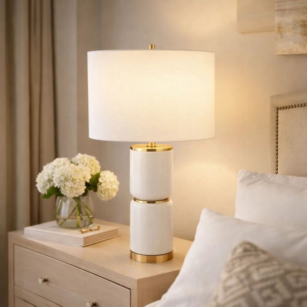 Table Lamp | Linen Drum Shade | Gold Accent White Ceramic Base | 26"