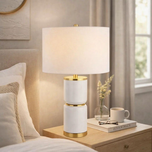 Table Lamp | Linen Drum Shade | Gold Accent White Ceramic Base | 26"