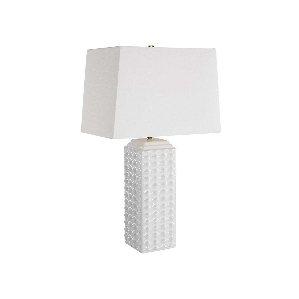Table Lamp | Linen Shade | 3D Diamond Knob Gloss White Ceramic | 25"