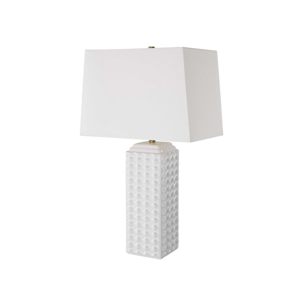 Table Lamp | Linen Shade | 3D Diamond Knob Gloss White Ceramic | 25"