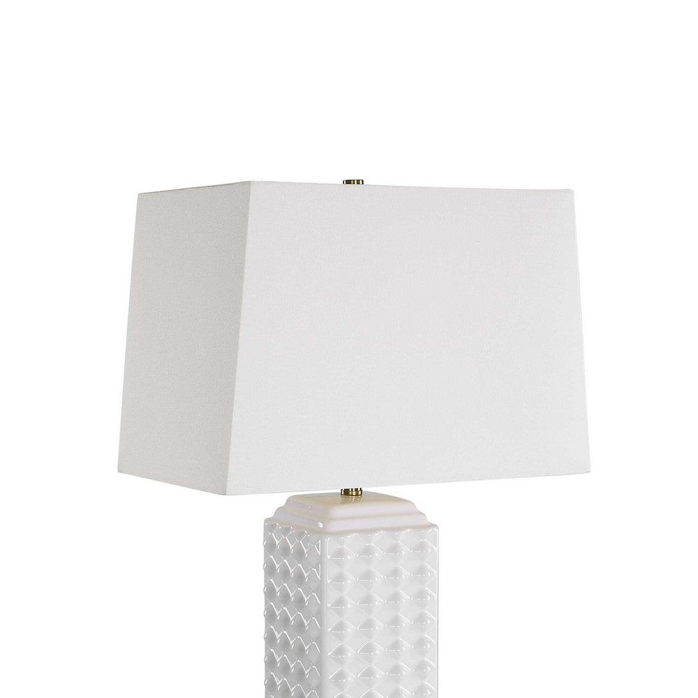 Table Lamp | Linen Shade | 3D Diamond Knob Gloss White Ceramic | 25"