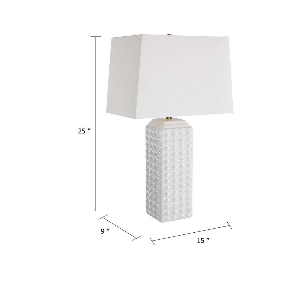Table Lamp | Linen Shade | 3D Diamond Knob Gloss White Ceramic | 25"
