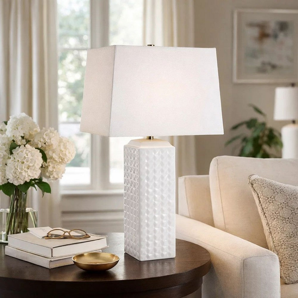 Table Lamp | Linen Shade | 3D Diamond Knob Gloss White Ceramic | 25"