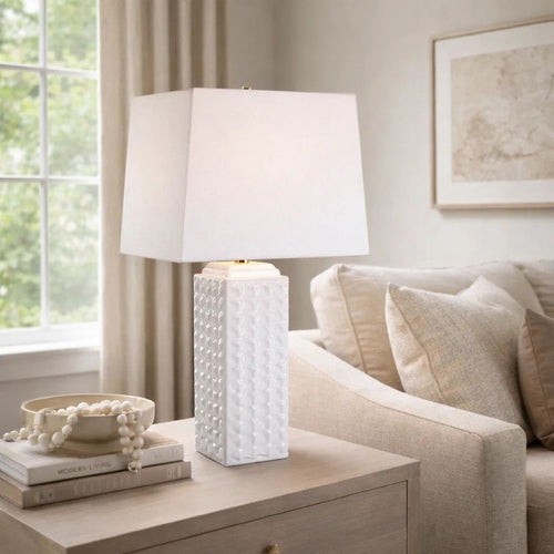 Table Lamp | Linen Shade | 3D Diamond Knob Gloss White Ceramic | 25"