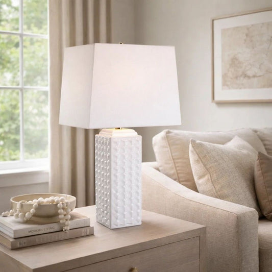 Table Lamp | Linen Shade | 3D Diamond Knob Gloss White Ceramic | 25"