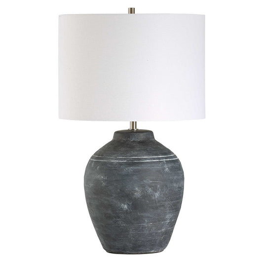Table Lamp | Off White Linen Shade | Weathered Black Urn Body | 24"