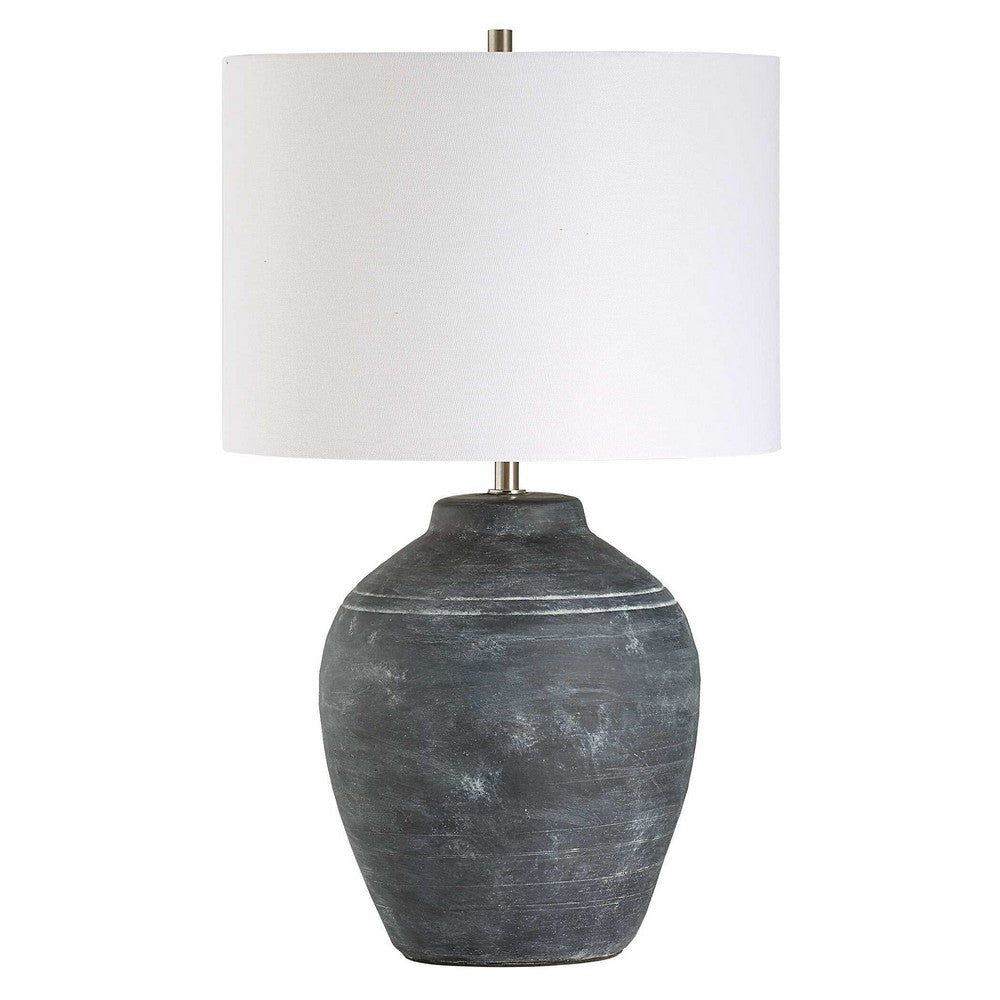 Table Lamp | Off White Linen Shade | Weathered Black Urn Body | 24"