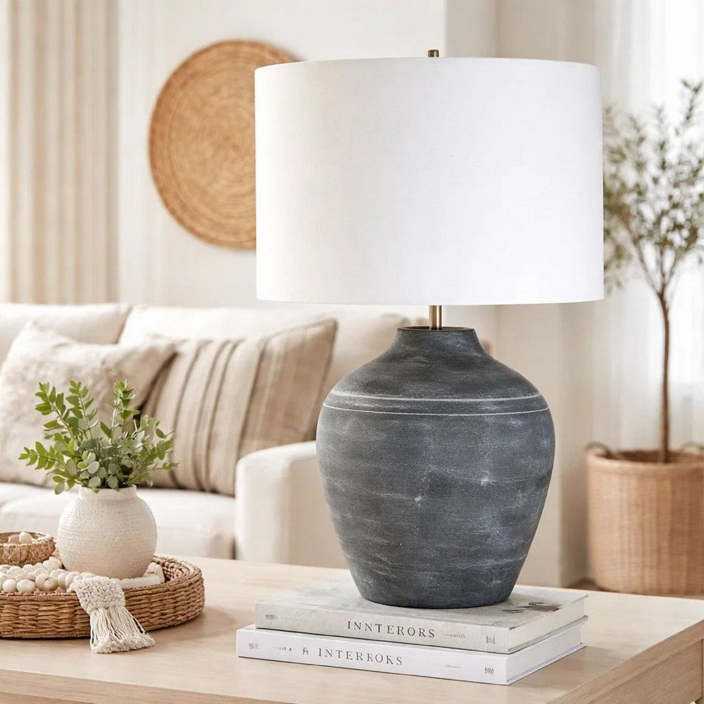 Table Lamp | Off White Linen Shade | Weathered Black Urn Body | 24"