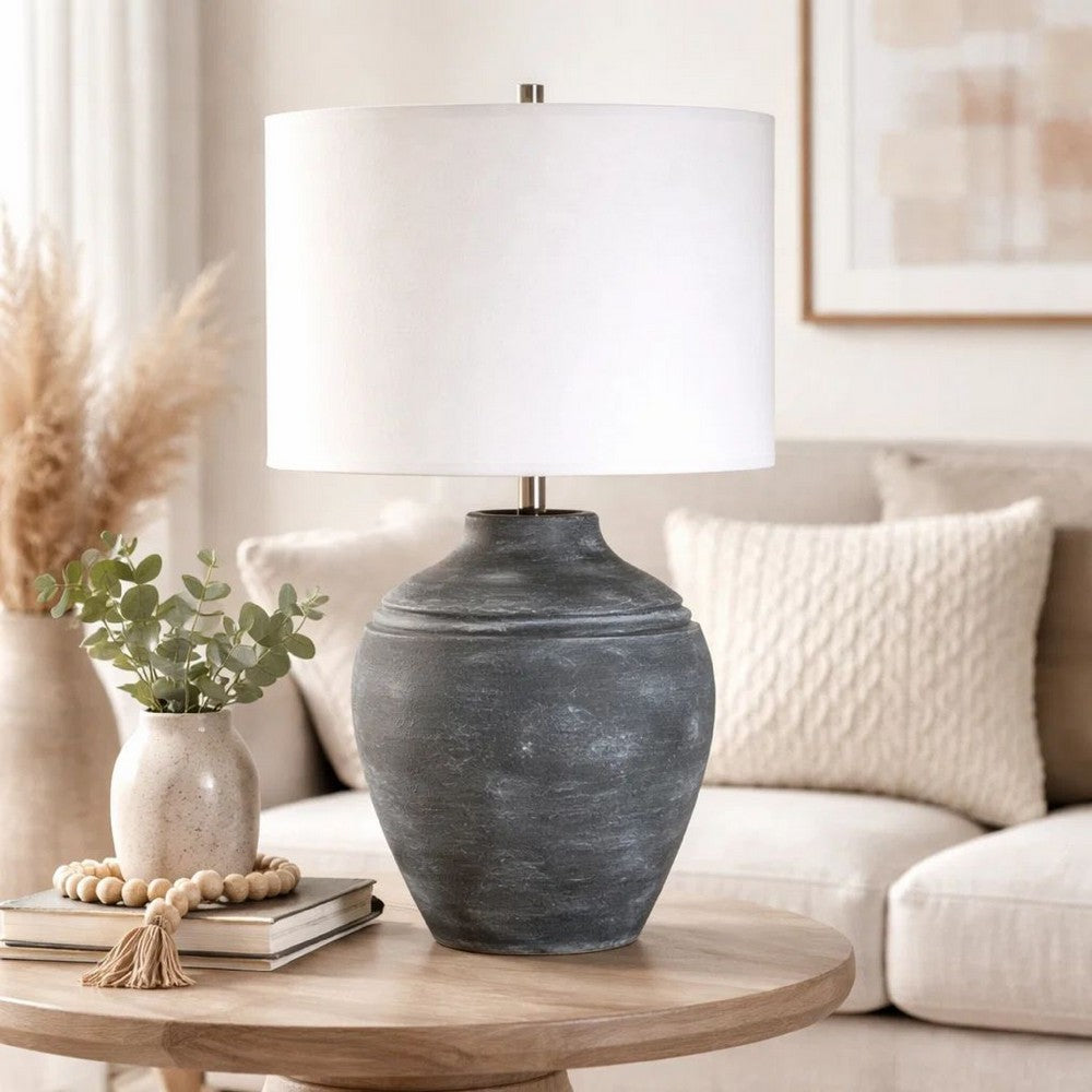 Table Lamp | Off White Linen Shade | Weathered Black Urn Body | 24"