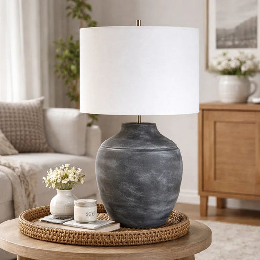 Table Lamp | Off White Linen Shade | Weathered Black Urn Body | 24"