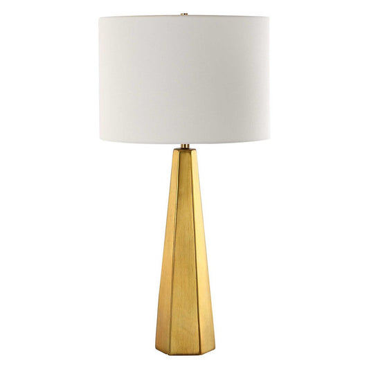 Table Lamp | White Linen Shade | Gold Ceramic Geometric Base | 28"