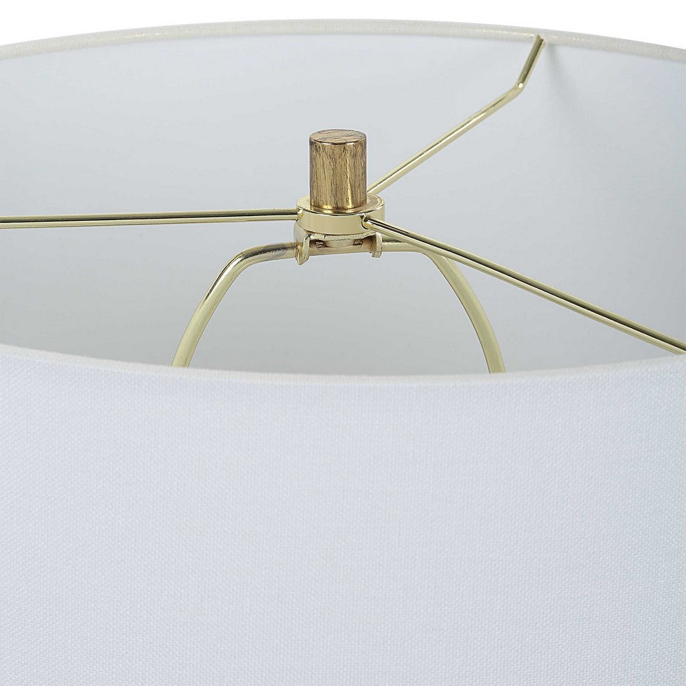 Table Lamp | White Linen Shade | Gold Ceramic Geometric Base | 28"
