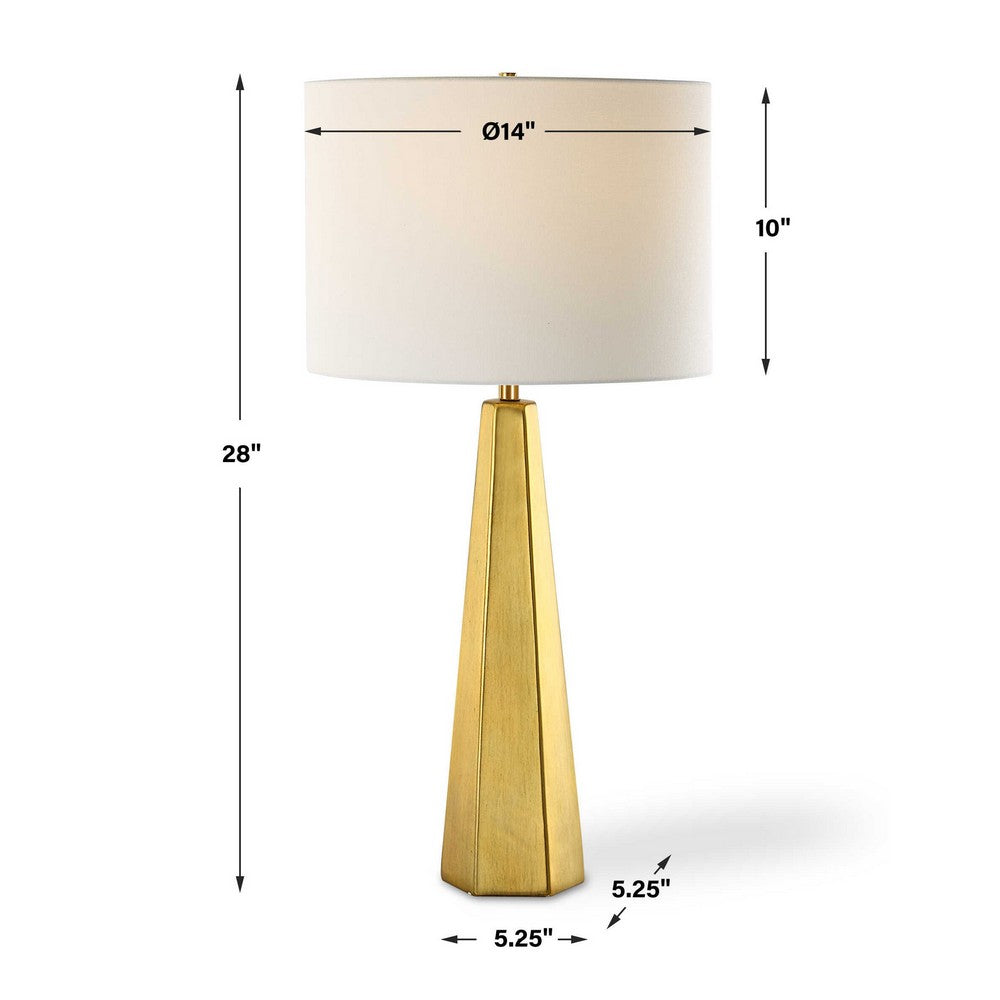 Table Lamp | White Linen Shade | Gold Ceramic Geometric Base | 28"