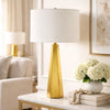 Table Lamp | White Linen Shade | Gold Ceramic Geometric Base | 28"