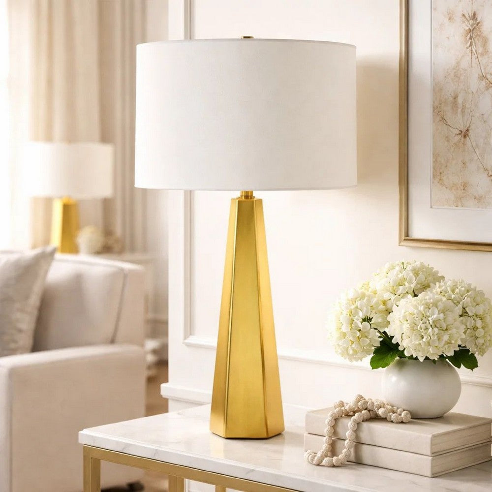 Table Lamp | White Linen Shade | Gold Ceramic Geometric Base | 28"