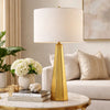 Table Lamp | White Linen Shade | Gold Ceramic Geometric Base | 28"