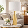 Table Lamp | White Linen Shade | Gold Ceramic Geometric Base | 28"