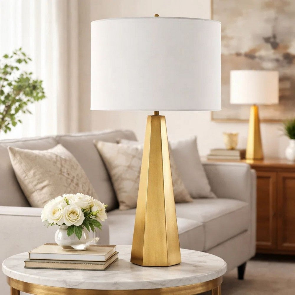 Table Lamp | White Linen Shade | Gold Ceramic Geometric Base | 28"