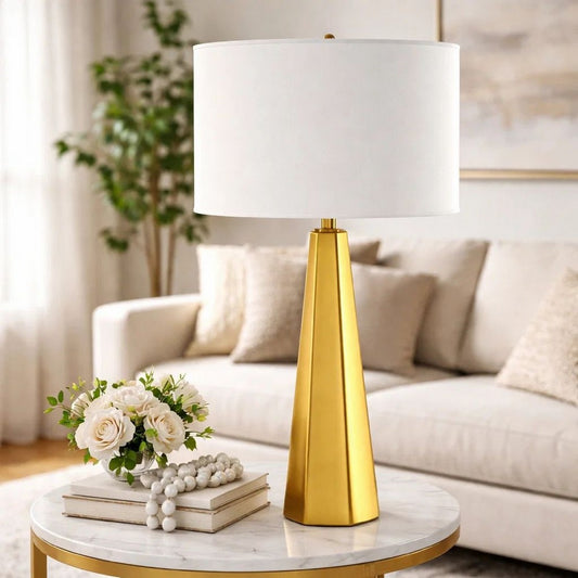 Table Lamp | White Linen Shade | Gold Ceramic Geometric Base | 28"