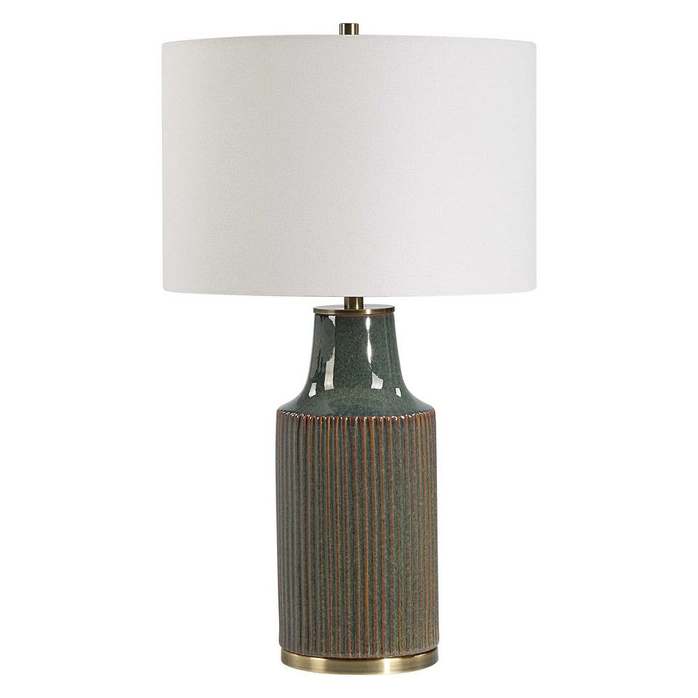 Table Lamp | White Linen Shade | Ribbed Ceramic Base | Blue Green 27"