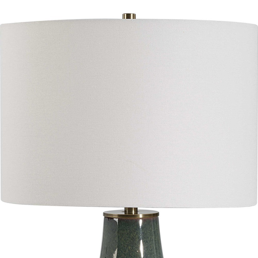 Table Lamp | White Linen Shade | Ribbed Ceramic Base | Blue Green 27"