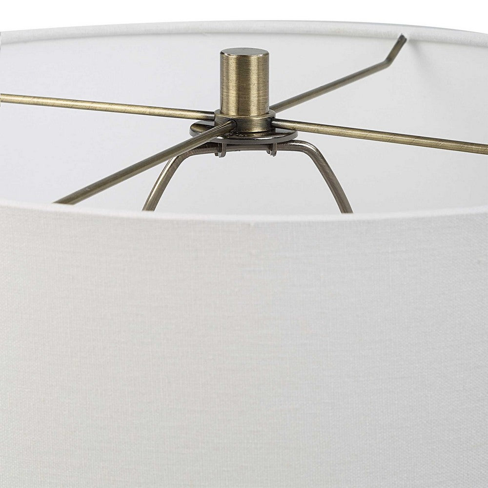 Table Lamp | White Linen Shade | Ribbed Ceramic Base | Blue Green 27"