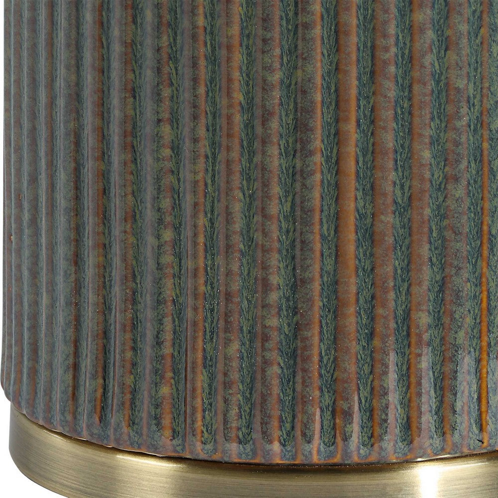 Table Lamp | White Linen Shade | Ribbed Ceramic Base | Blue Green 27"