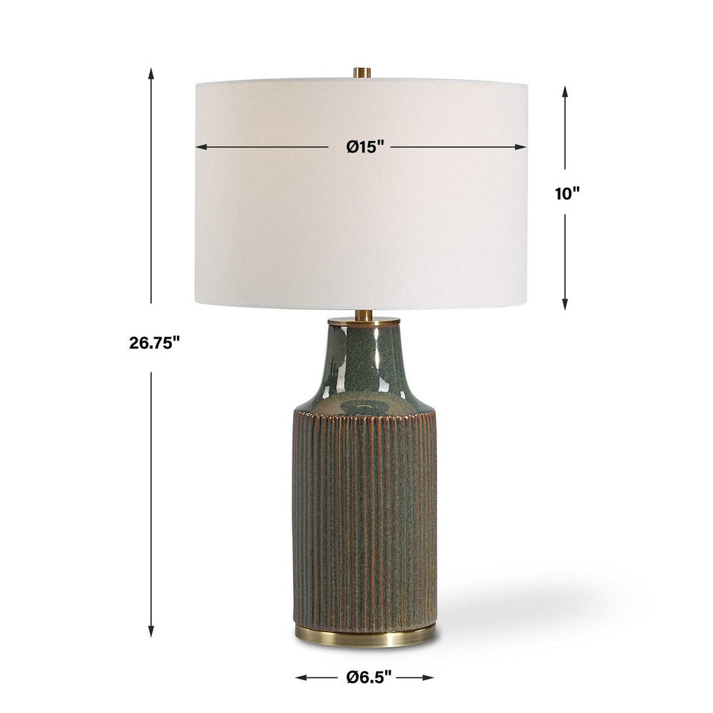 Table Lamp | White Linen Shade | Ribbed Ceramic Base | Blue Green 27"