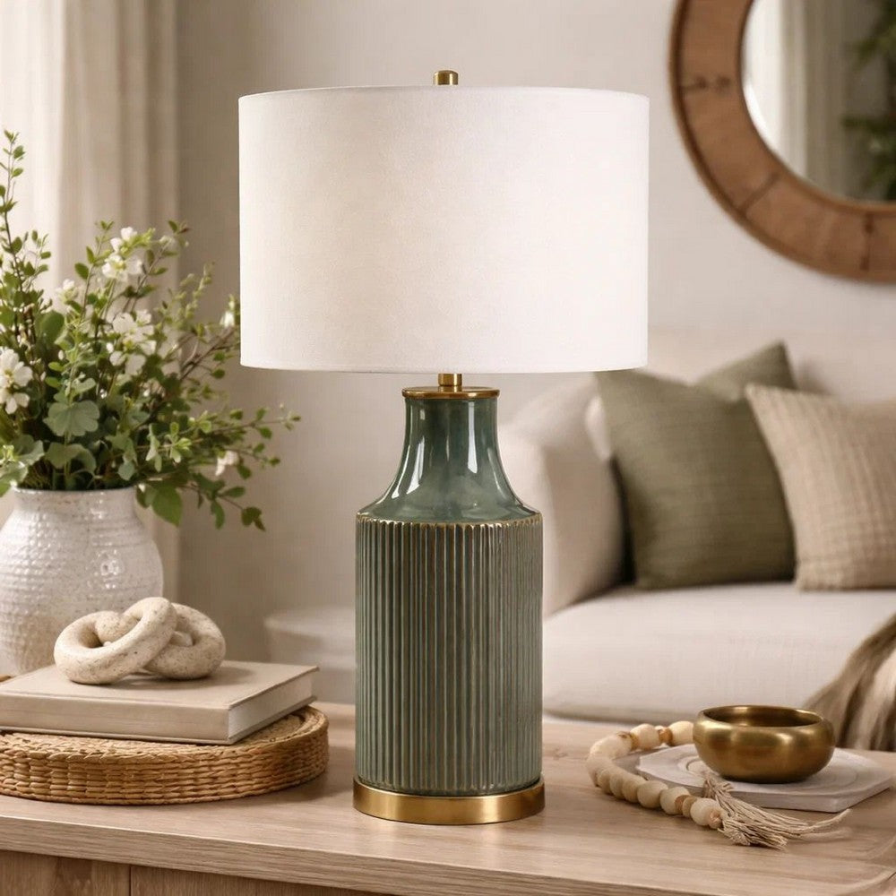 Table Lamp | White Linen Shade | Ribbed Ceramic Base | Blue Green 27"