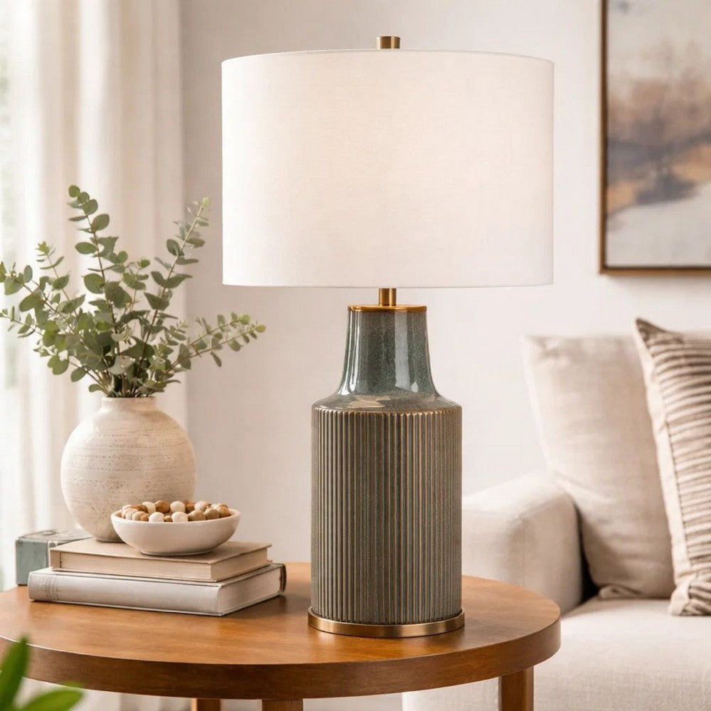Table Lamp | White Linen Shade | Ribbed Ceramic Base | Blue Green 27"